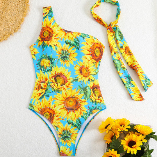 Damen Einteiliger Badeanzug mit asymmetrischem Schnitt und Sonnenblumenmuster R&B