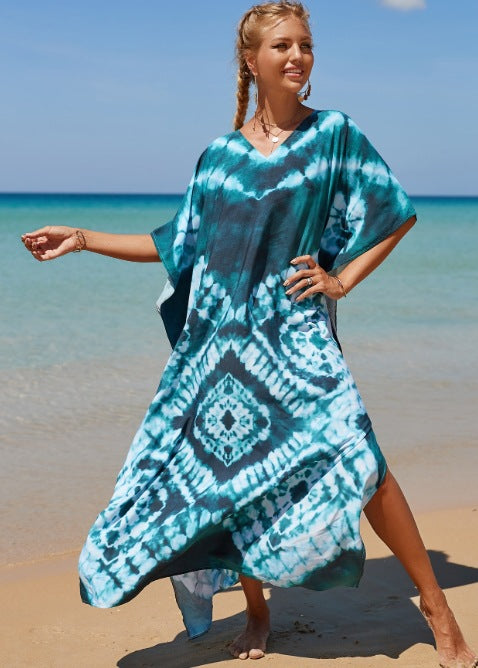 Damen Strandkleid mit buntem Batikdesign und weit geschnittenen Ärmeln R&B