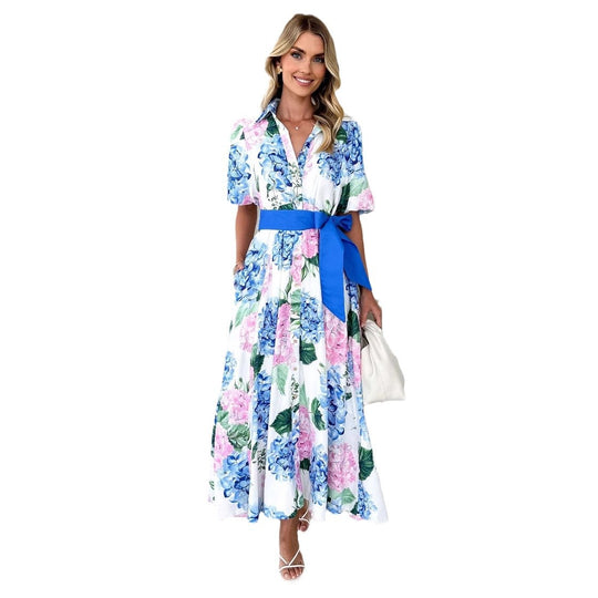 Damen Maxi-Kleid mit Bundfalten und Taillengürtel R&B
