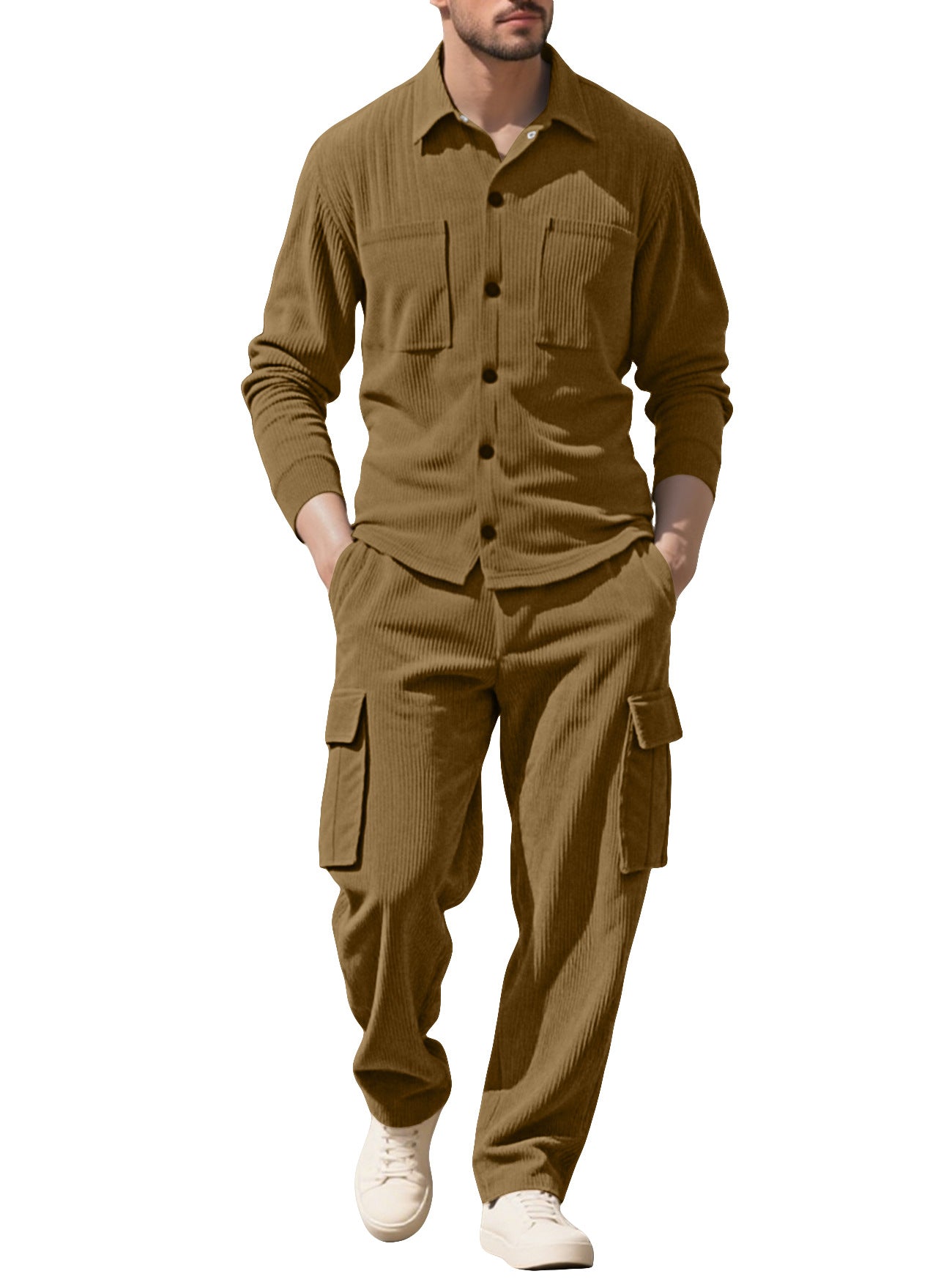 Herren nan geripptes Worker-Hemd mit Brusttaschen und entspannter Cargohose R&B