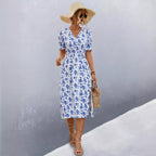 Damen midi Kleid mit floralen Mustern und seitlichem Schlitz R&B