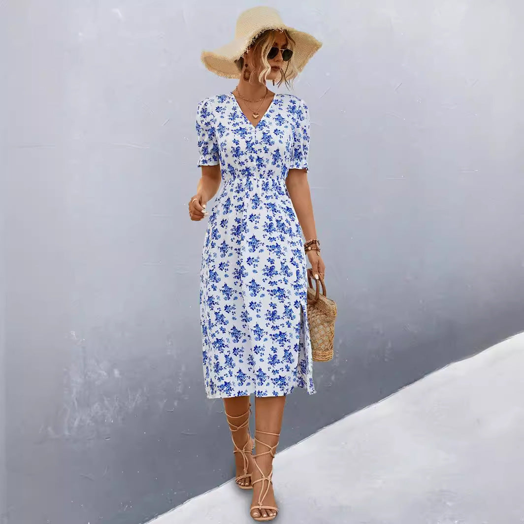 Damen midi Kleid mit floralen Mustern und seitlichem Schlitz R&B