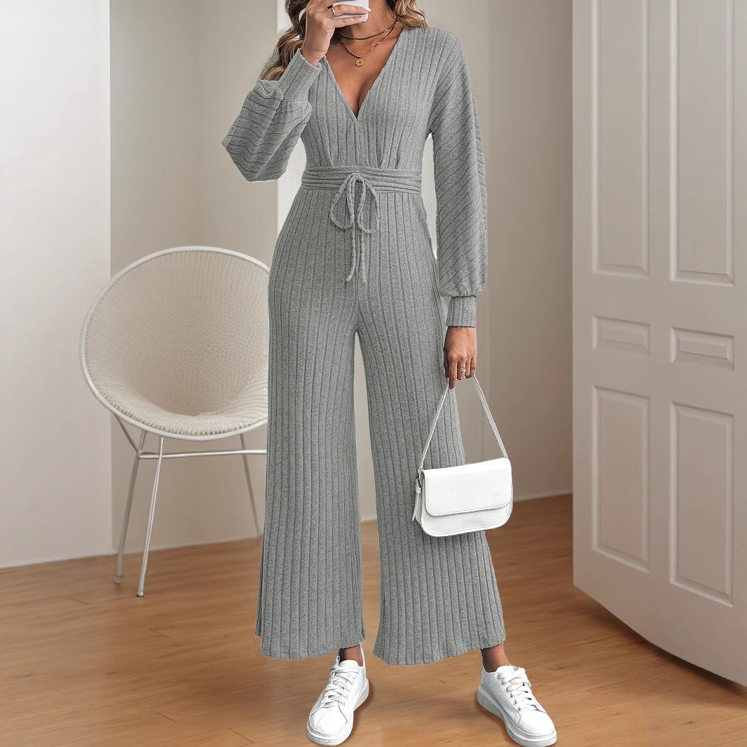 Damen legerer Strick-Jumpsuit mit weitem Bein und Taillengürtel R&B