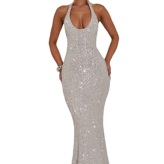 Damen Glamouröses Pailletten-Maxi-Kleid mit tiefem V-Ausschnitt und schmalem Schnitt R&B