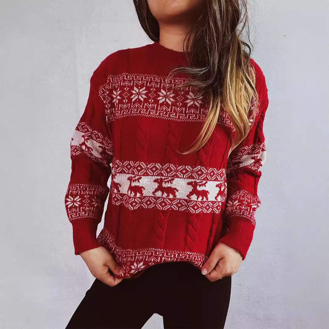 Damen Strickpullover mit festlichem Rentier-Motiv und Zopfmuster R&B