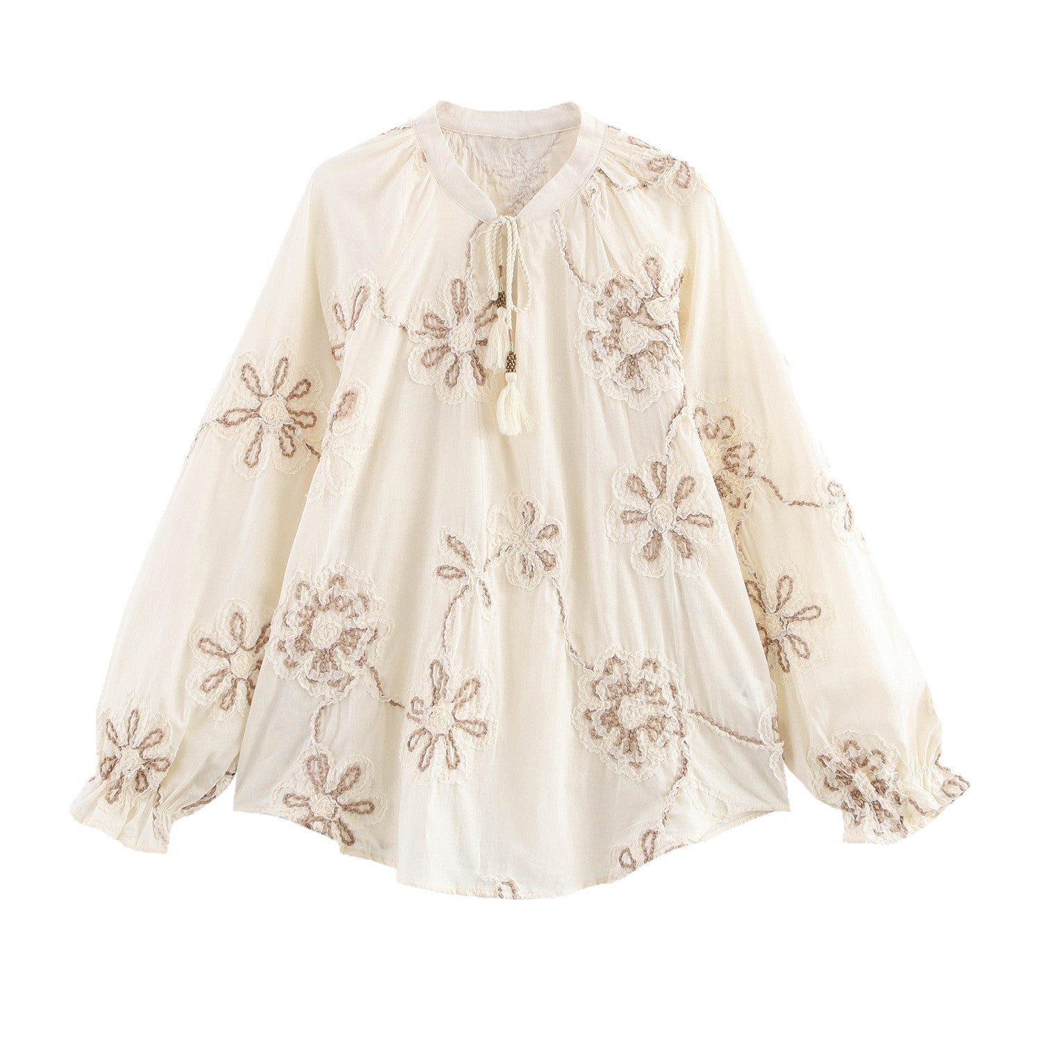 Damen Bluse mit floralem Stickmuster und eleganten Quasten R&B