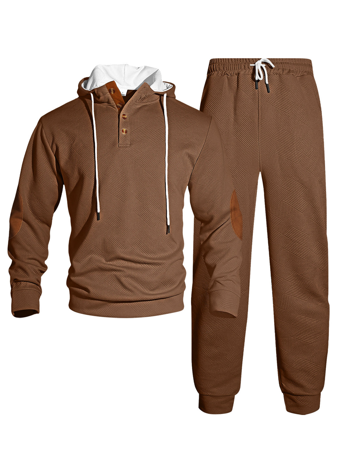 Herren nan Waffelstruktur Henley-Kapuzen-Set mit Holzknopfleiste Ellbogen-Patches und konischer Jogginghose R&B