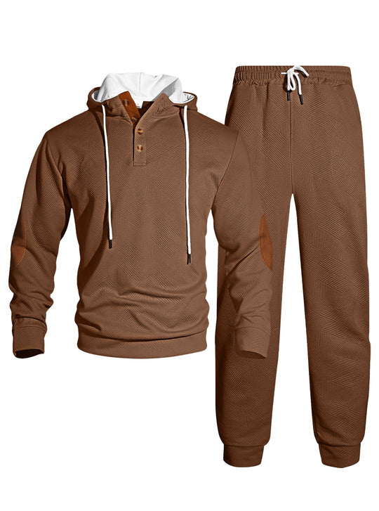 Herren nan Waffelstruktur Henley-Kapuzen-Set mit Holzknopfleiste Ellbogen-Patches und konischer Jogginghose R&B