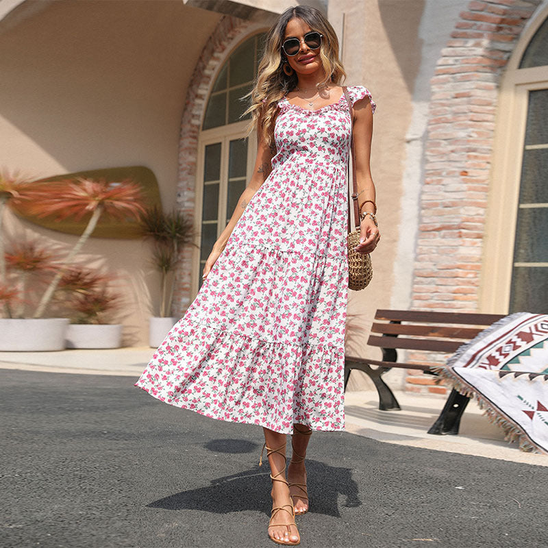 Damen Maxi-Kleid mit romantischen Volantärmeln und floralem Design R&B