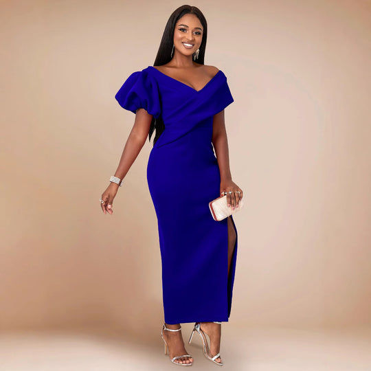 Damen Elegantes, figurbetontes Abendkleid mit asymmetrischem Ausschnitt und Puffärmeln R&B