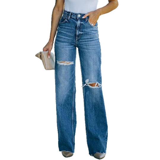 Damen Weit geschnittene High-Waist Jeans mit modischen Destroyed-Details R&B
