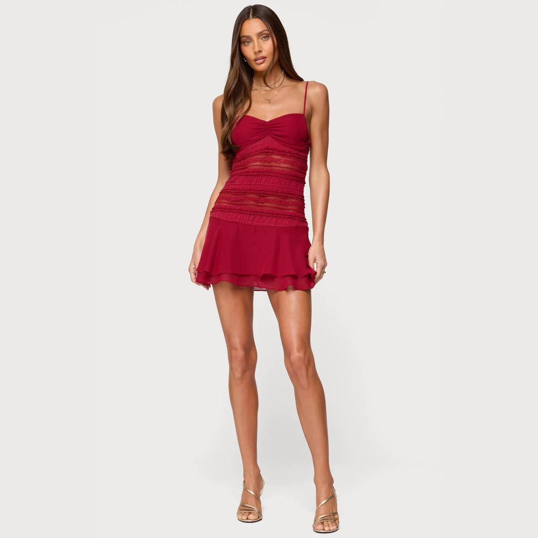 Damen Rüschensommerkleid mit taillierter Silhouette und feinen Trägern R&B