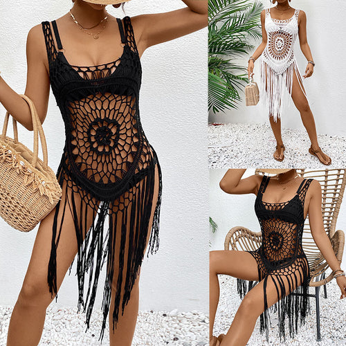 Damen Häkelstrandkleid mit dekorativen Fransen und offenem Schnitt R&B