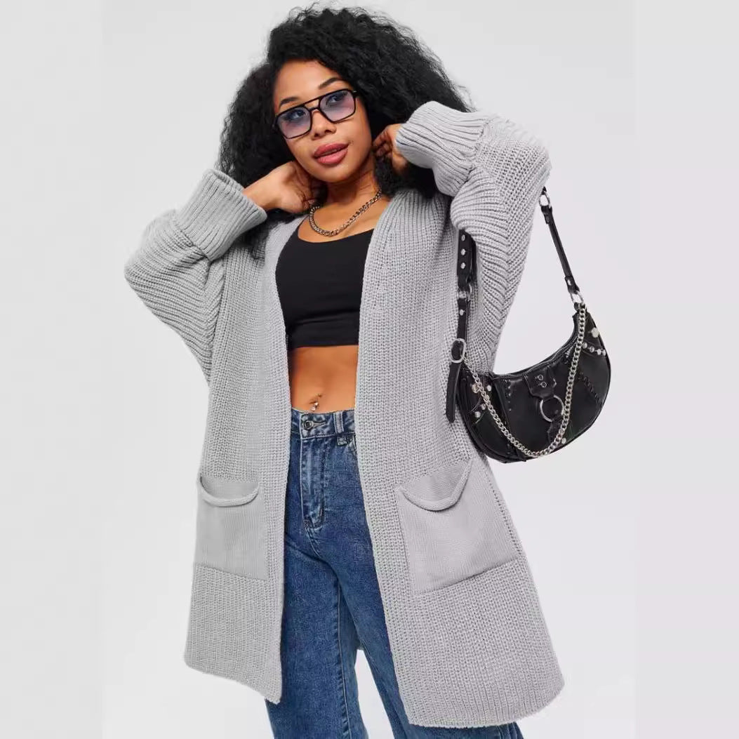 Damen Oversized Strickjacke mit großen Taschen und bequemen Rippenärmeln R&B