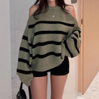 Damen Off-Shoulder Strickpullover mit Streifenmuster und lässigem Schnitt R&B