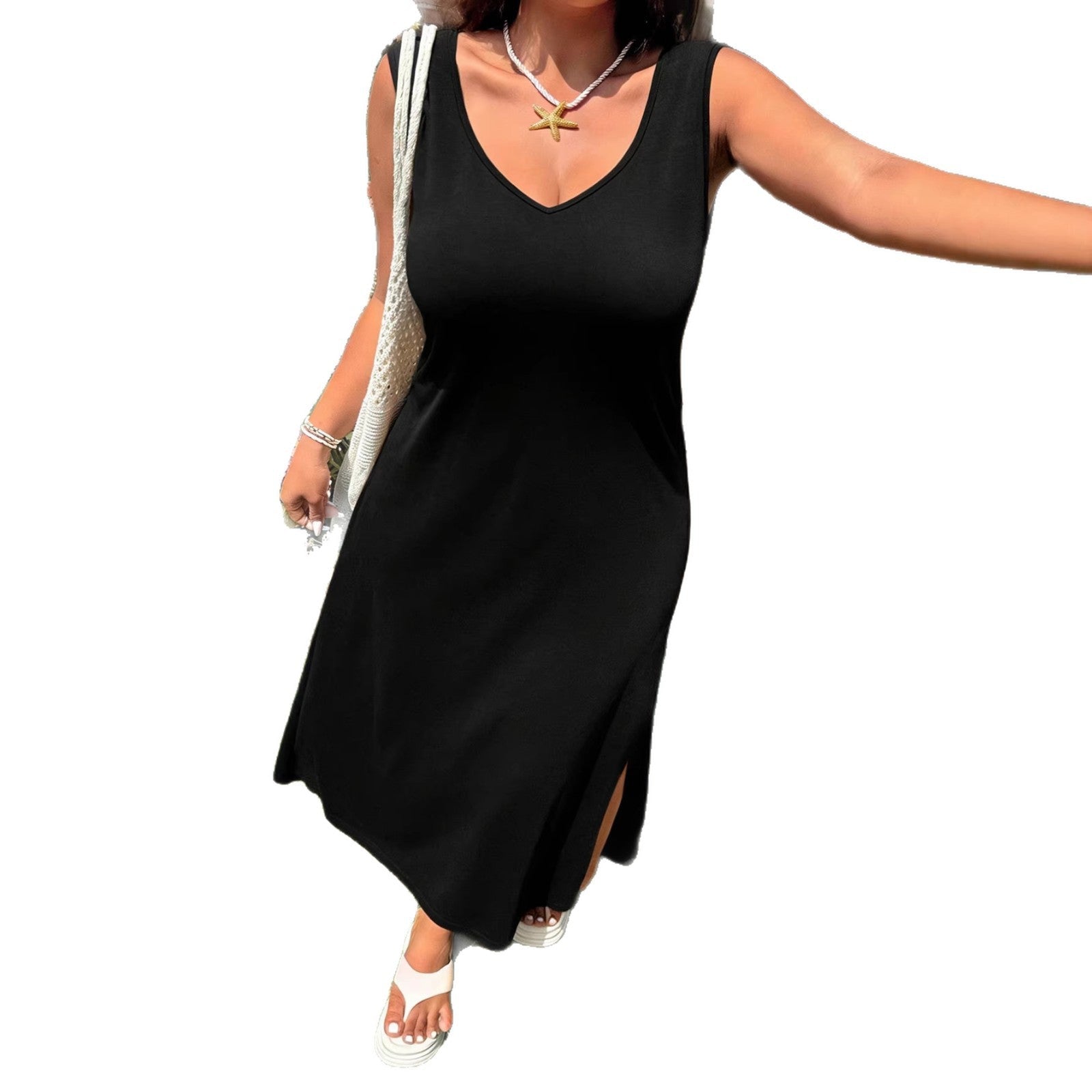 Damen luftiges Maxikleid mit V-Ausschnitt und seitlichem Schlitz R&B