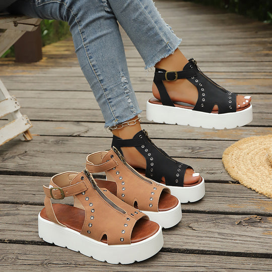 Damen Offene Plateau-Sandalen mit modischem Reißverschlussdesign und eleganten Ösen R&B