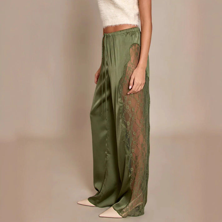Damen nan Satinhose mit seitlichen Spitzeneinsätzen, weitem Bein und Tunnelzug R&B
