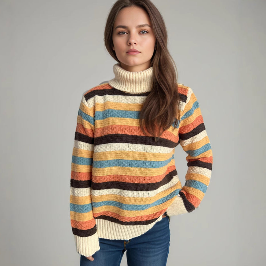 Damen Rollkragenpullover mit farbenfrohen Streifen und hochwertiger Strickqualität R&B