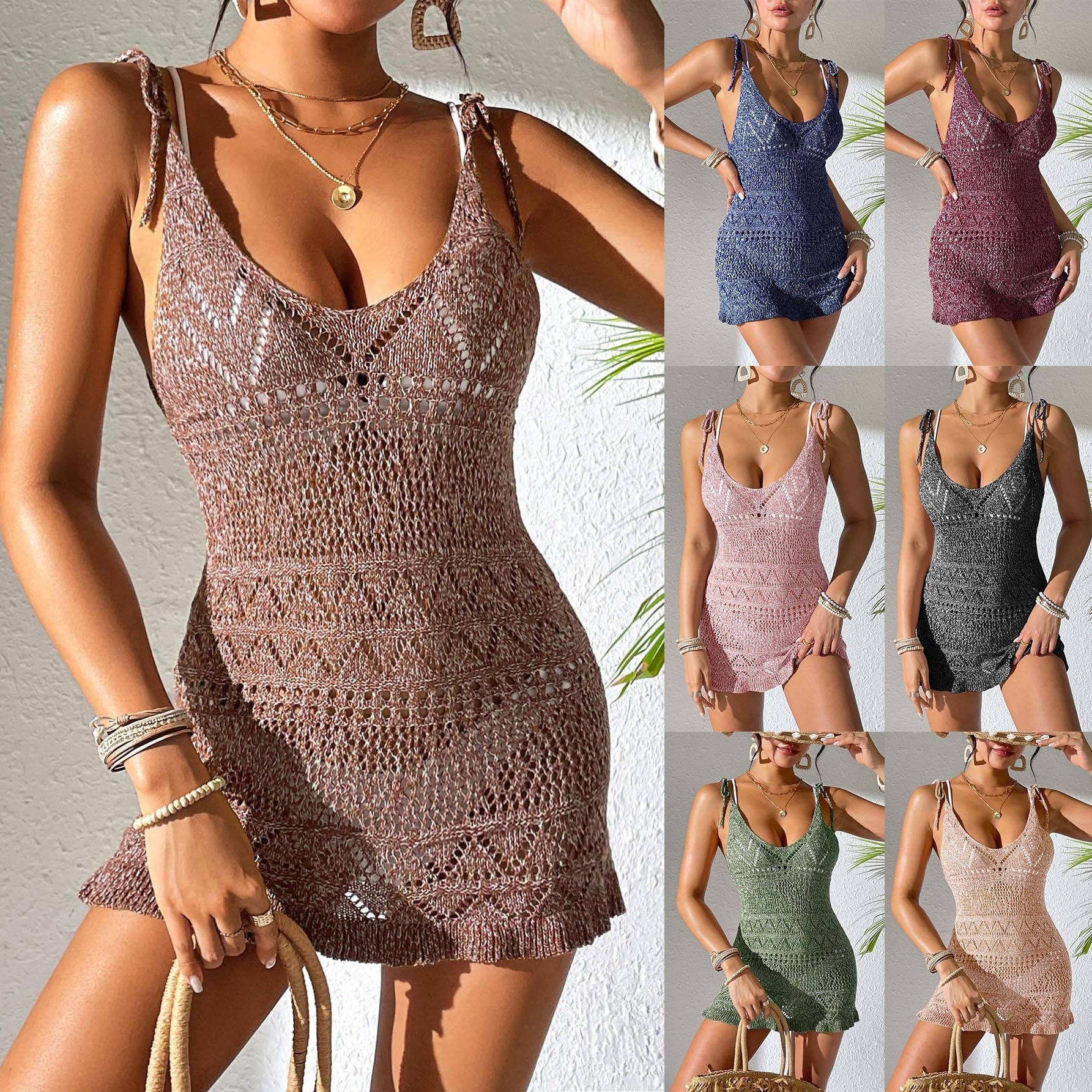 Damen Häkelkleid mit verstellbaren Trägern und voluminösem Saum R&B