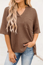 Damen casual V-Ausschnitt Oberteil mit strukturiertem Stoff und Seitennahttaschen R&B