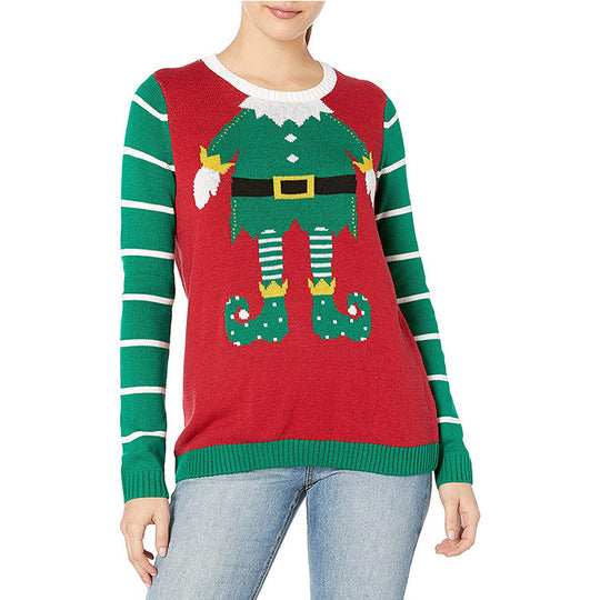 Damen Weihnachts-Pullover mit frechem Elf-Motiv und gestreiften Ärmeln R&B