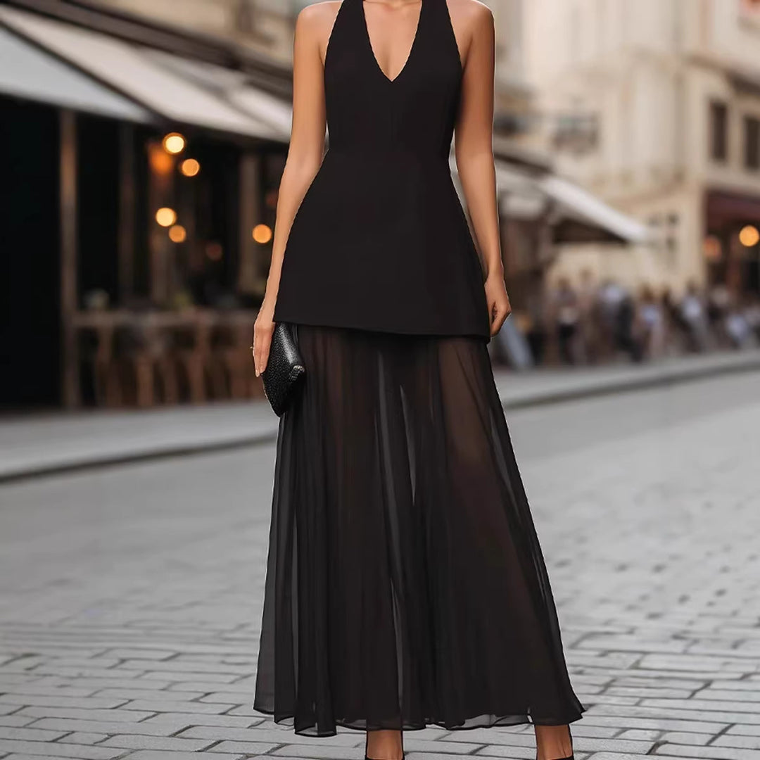 Damen Elegantes Maxikleid mit tiefem V-Ausschnitt und transparentem Überrock R&B