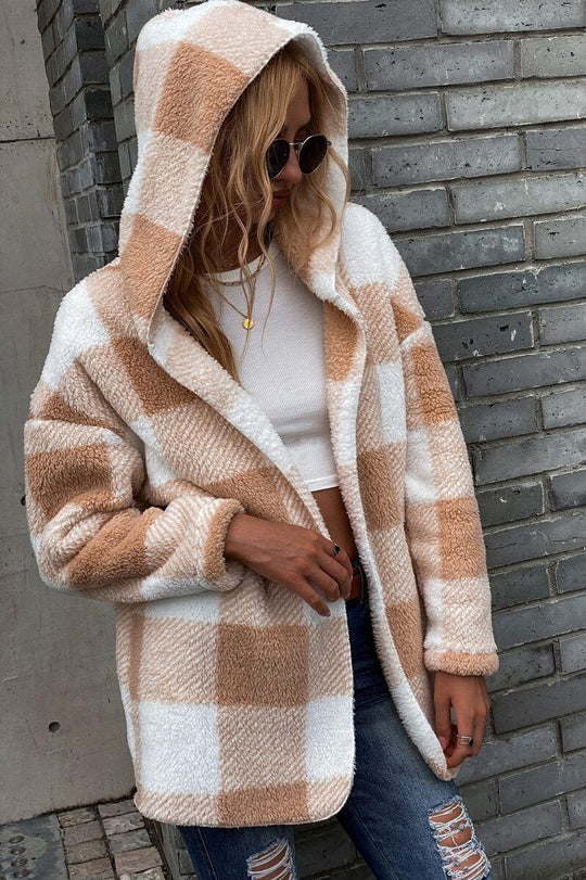 R&B | Lamm Lockerer Kapuzen Plaid Strickjacke Jacke