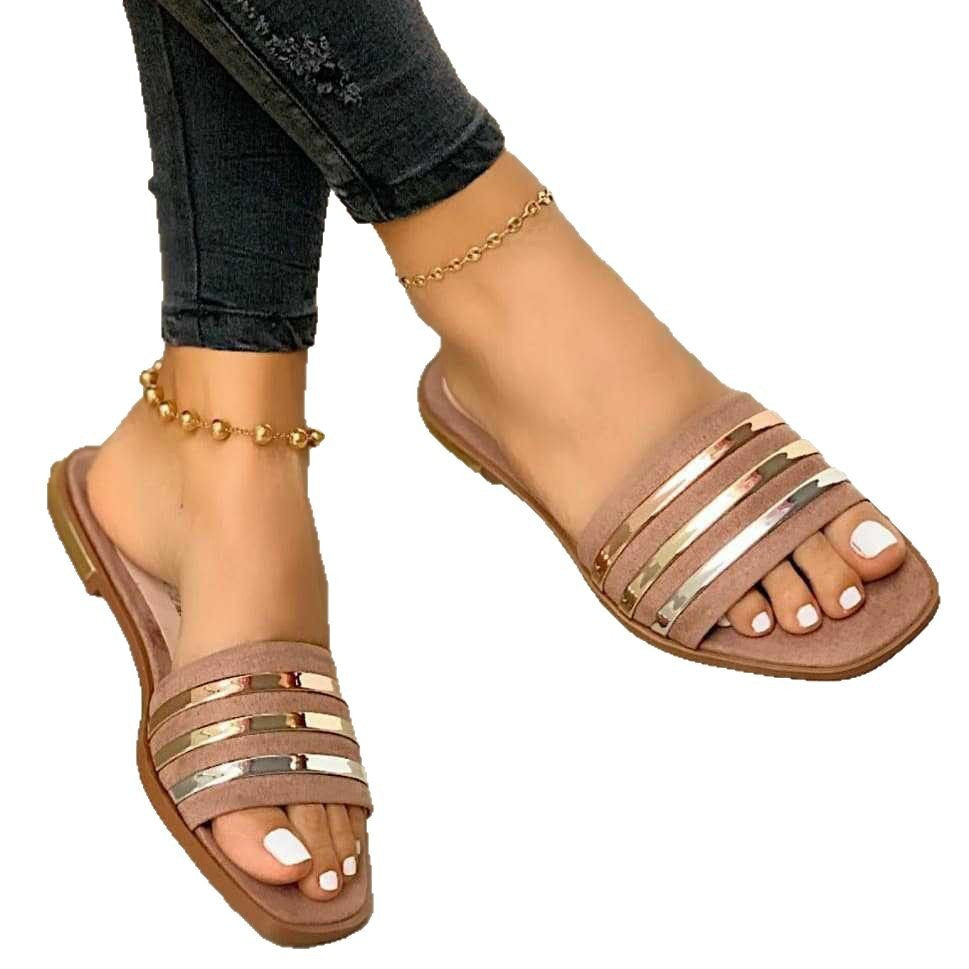 Damen Offene Sandaletten mit modischen Metallic-Riemen und komfortablem Fußbett R&B