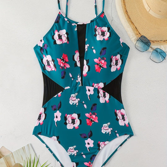 Damen Einteiliger Badeanzug mit modischem floralem Design und schickem Schwarz R&B