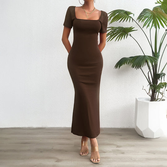 Damen figurbetontes Maxikleid mit quadratischem Ausschnitt und kurzen Ärmeln R&B