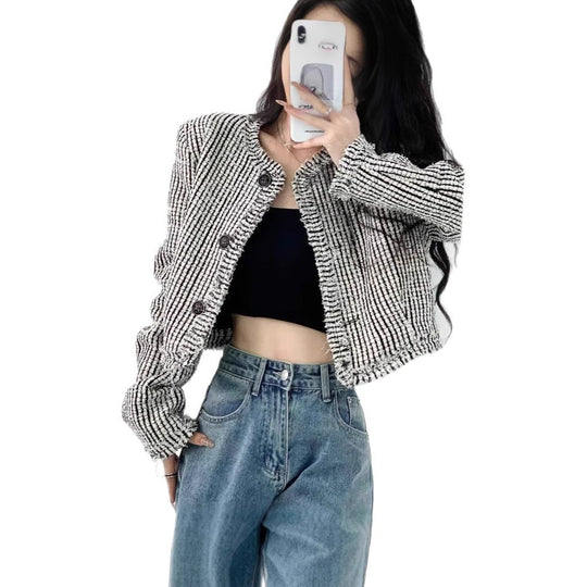 Damen trendige Bouclé-Jacke mit dekorativen Knöpfen und lässigem Schnitt R&B