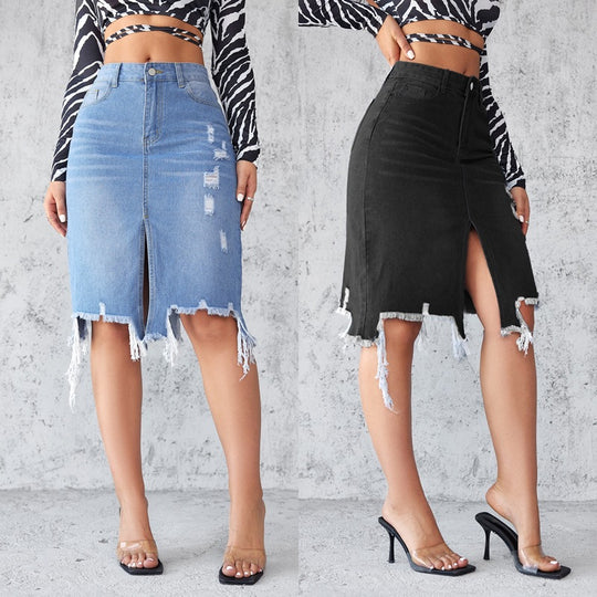 Damen Jeansrock mit hohem Schlitz und lässigem Fransensaum R&B