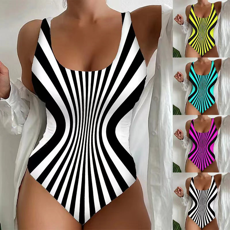 Damen Einteiler Badeanzug mit hypnotischem Streifenmuster R&B