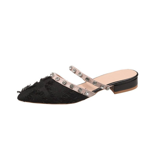 Damen elegante Mules mit schimmerndem Riemen und Fransen R&B
