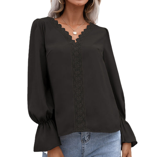 Damen elegante Bluse mit Spitzendetails und Volantärmeln R&B