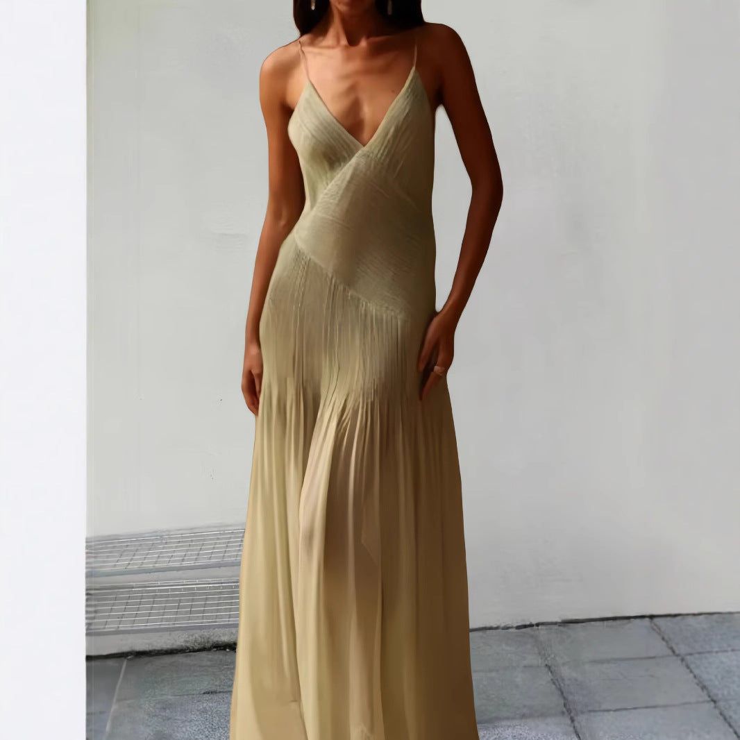 Damen Fließendes Maxikleid mit elegantem V-Ausschnitt und schwingendem Saum R&B
