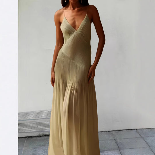 Damen Fließendes Maxikleid mit elegantem V-Ausschnitt und schwingendem Saum R&B