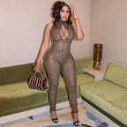 Damen Figurbetonter Jumpsuit mit tiefem Ausschnitt und Leopardenmuster R&B