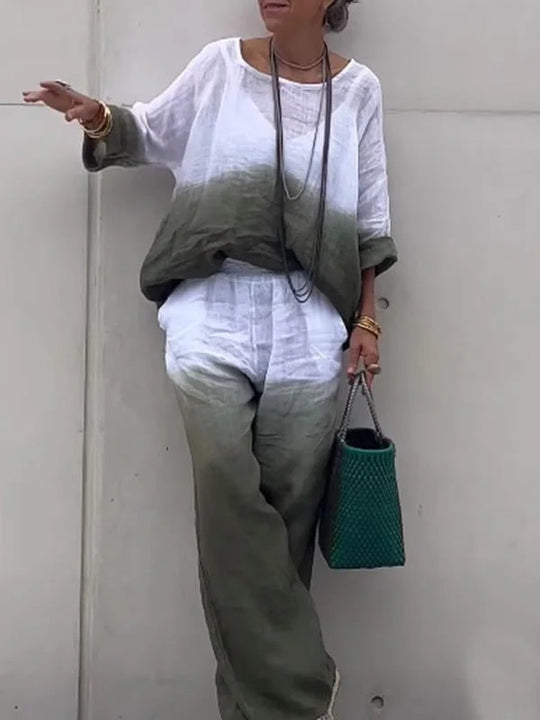 Damen lässiges Leinen-Outfit mit weiten Hosen und lockerer Bluse R&B