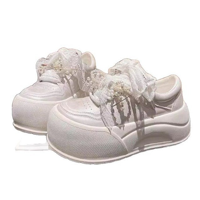 Damen modische Plateau-Sneaker mit dekorativem Schleifendetail und eleganter Schnürung R&B