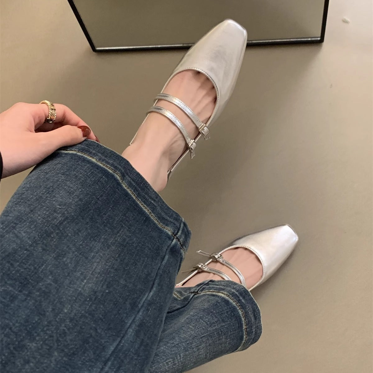 Damen elegante Mary Jane Ballerinas mit modischem Doppelriemen und komfortablem Fußbett R&B