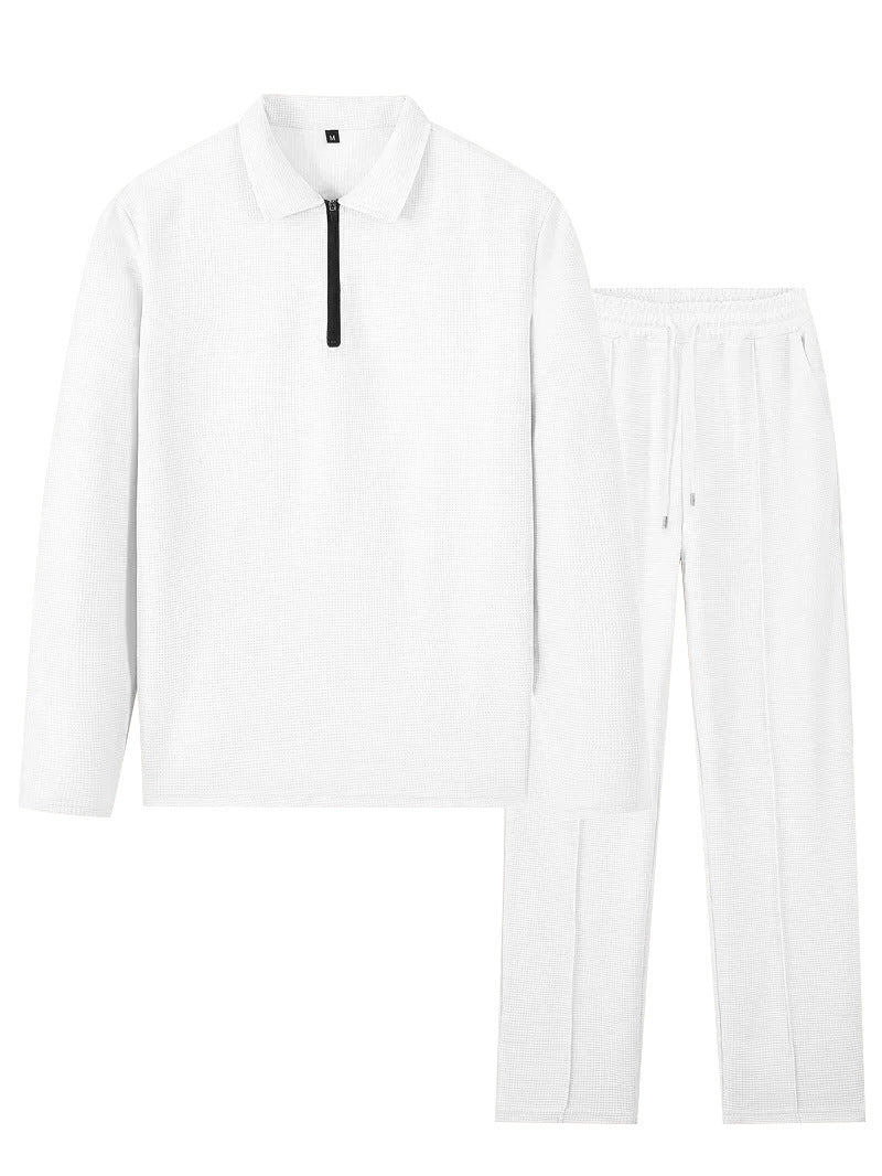 Unisex nan Waffelstruktur Freizeit-Set mit Halbzip-Poloshirt und elastischer Bundhose R&B