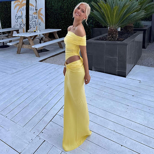 Damen Elegantes Off-Shoulder Maxikleid mit Raffung R&B