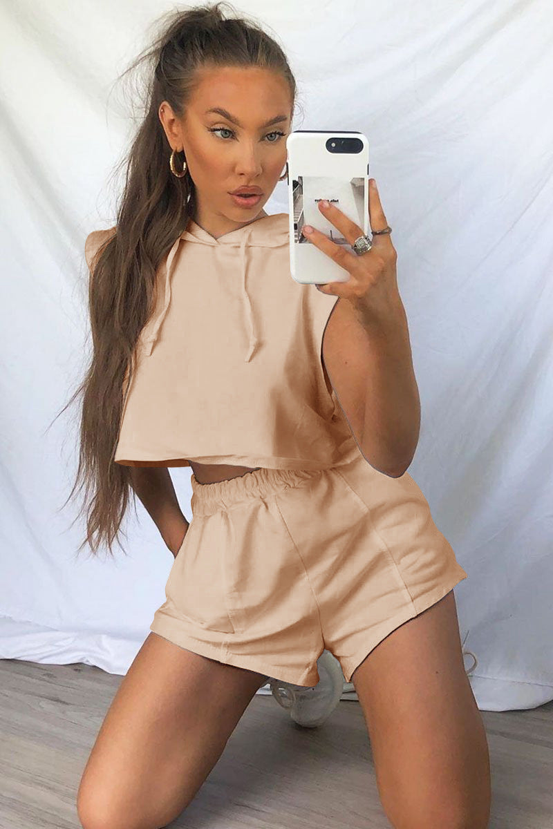 Damen Sportliches Zweiteiliges Set mit Kapuzenoberteil und Shorts R&B