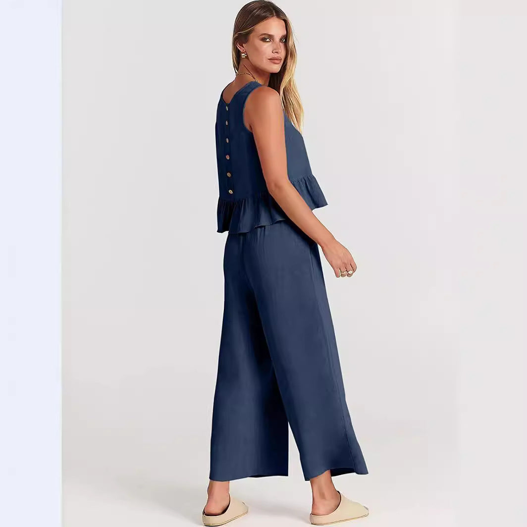 Damen Zweiteiler-Set mit schickem Peplum-Oberteil und weit geschnittenen Hosen R&B