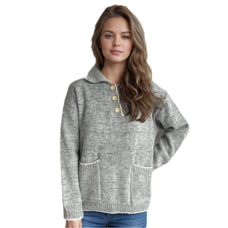 Damen Pullover mit kontrastierendem Kragen und dekorativen Knöpfen R&B