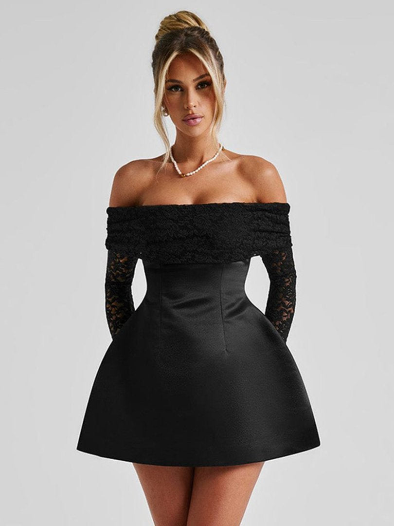 Damen Elegantes Off-Shoulder Minikleid mit Spitzenärmeln und tailliertem Schnitt R&B