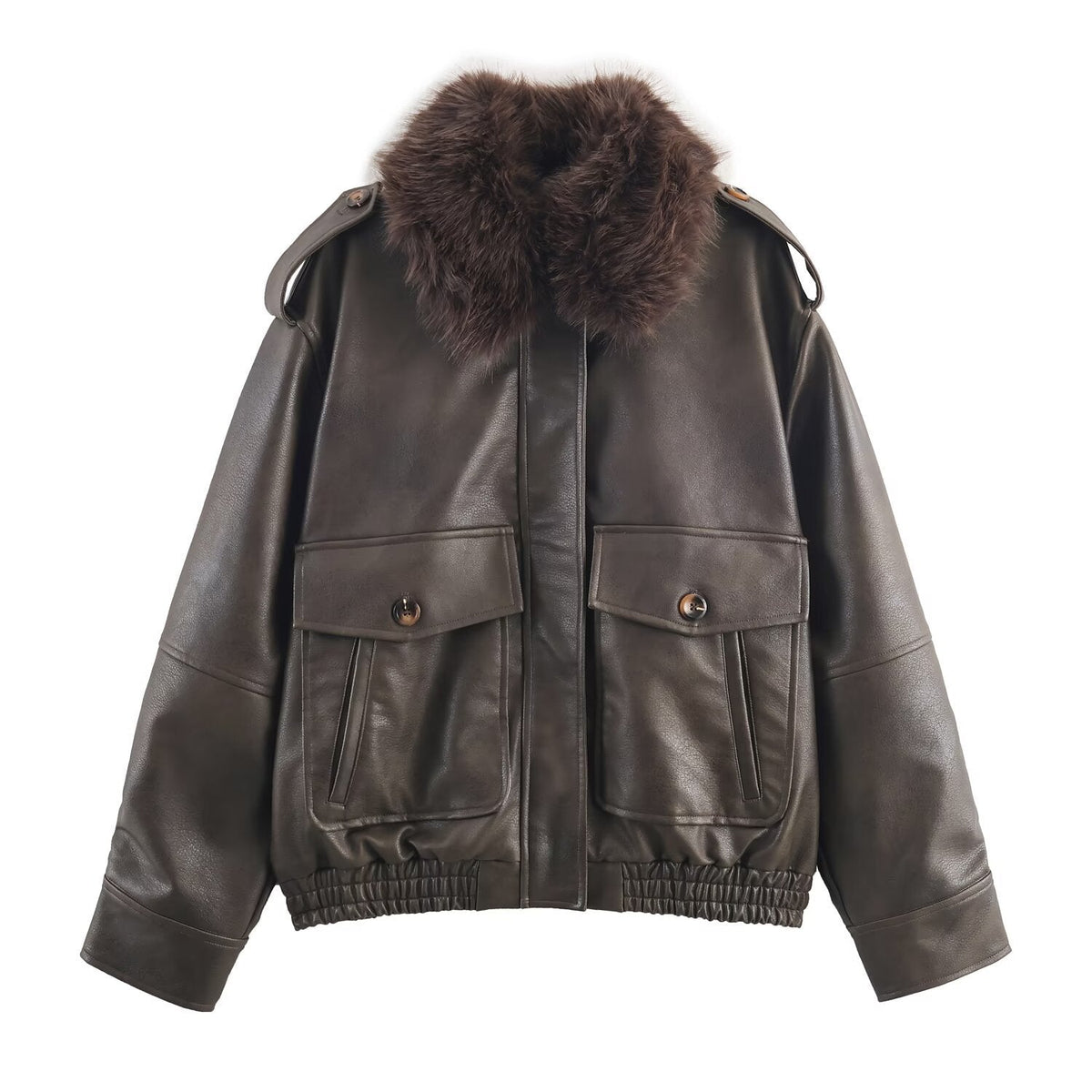 Damen Kunstlederjacke mit abnehmbarer Kunstfellkragen und praktischen Taschen R&B