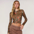 Damen nan feines Mesh-Crop-Top mit Leoparden- und Rosenprint R&B